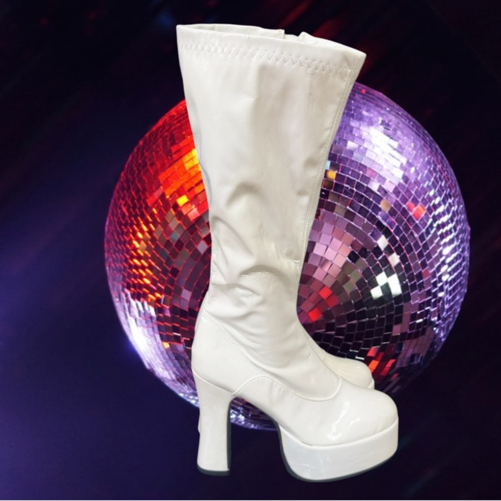 NEW WHITE platform GO GO BOOTS Halloween hippi costume women’s size 7 8 - Picture 1 of 16